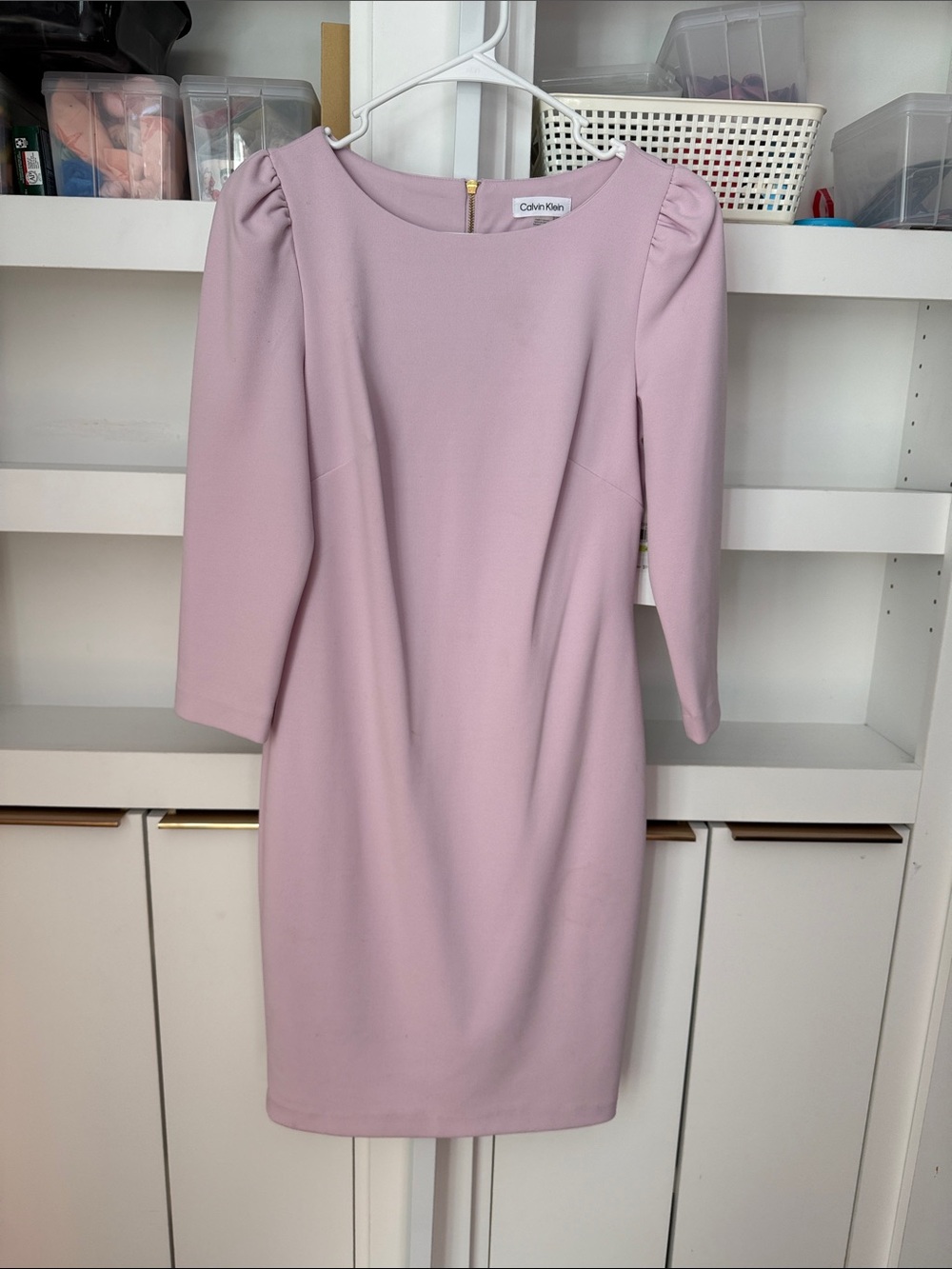 NWT Calvin Klein Boatneck Ruffle 3/4 Sleeve Knee Length Dress Sz 4 Lilac Purple